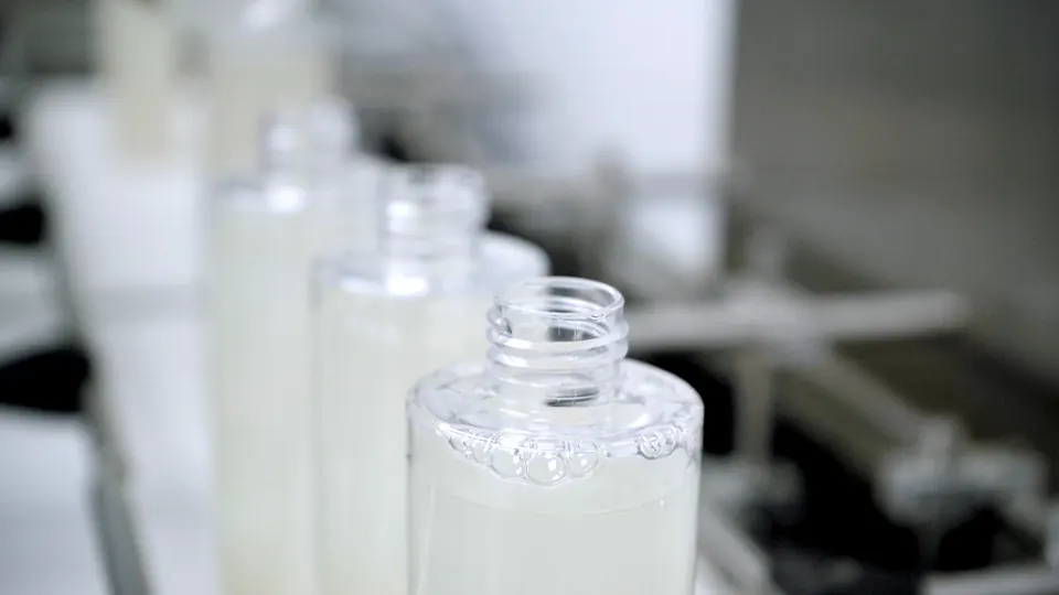 Filled bottles on the production line